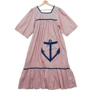 Vintage Sea Wind Dress Nautical Coastal Appliqué, 100% Cotton, Size M Americana
